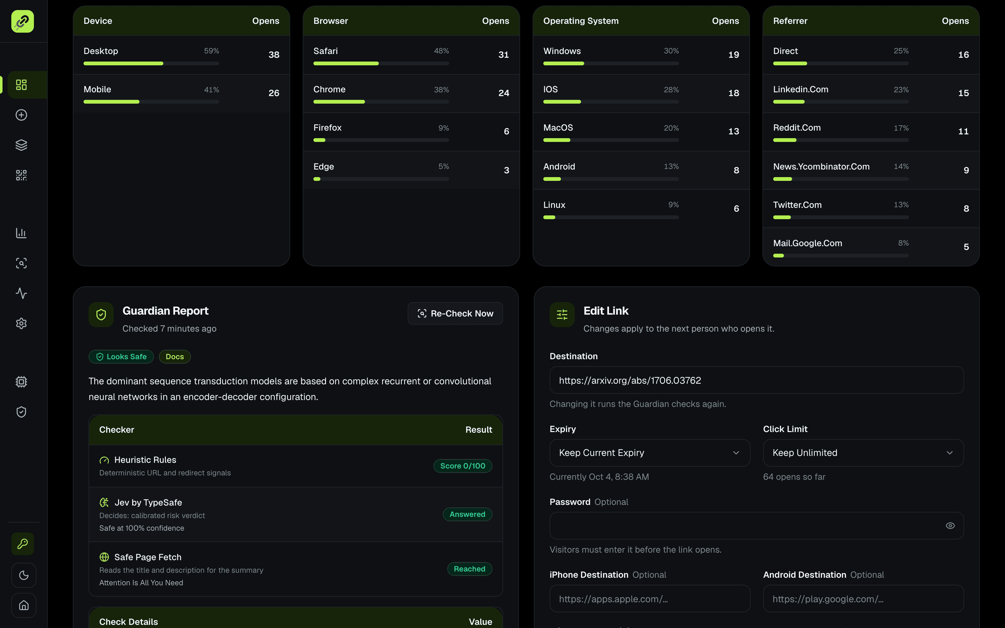 Comet per-link analytics with device, browser and referrer breakdown and a safety report