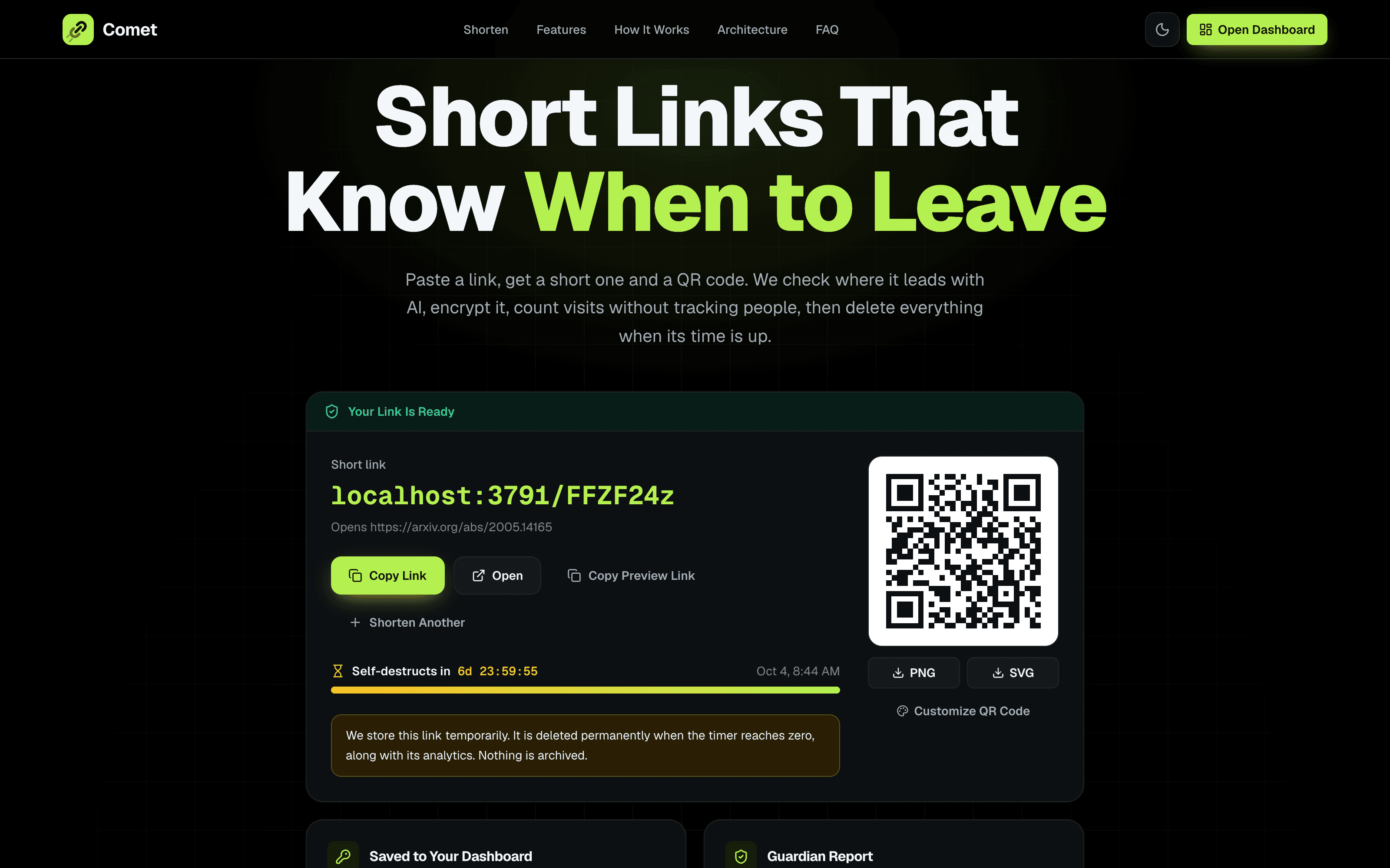 Comet landing page with a freshly shortened link and its QR code