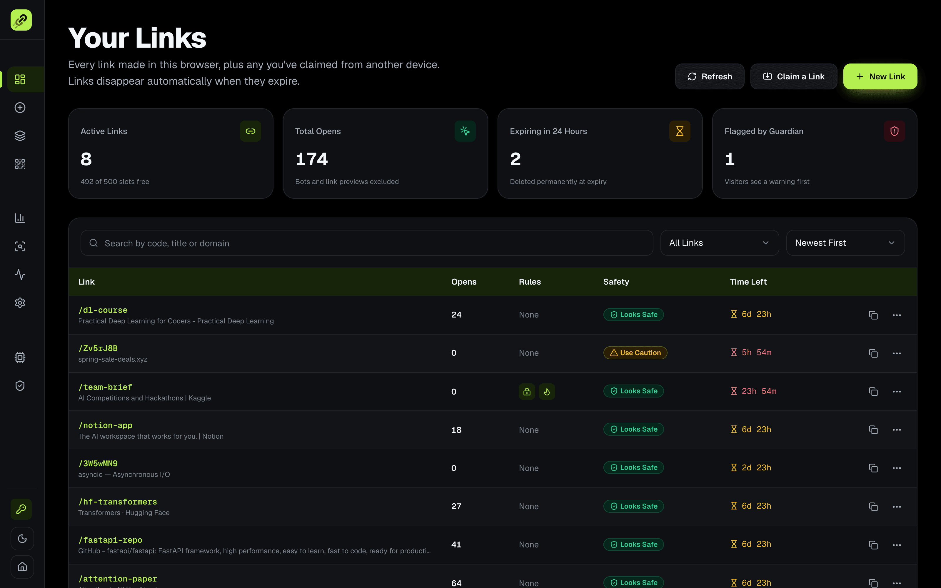 Comet links dashboard with safety verdicts, link rules and self-destruct timers
