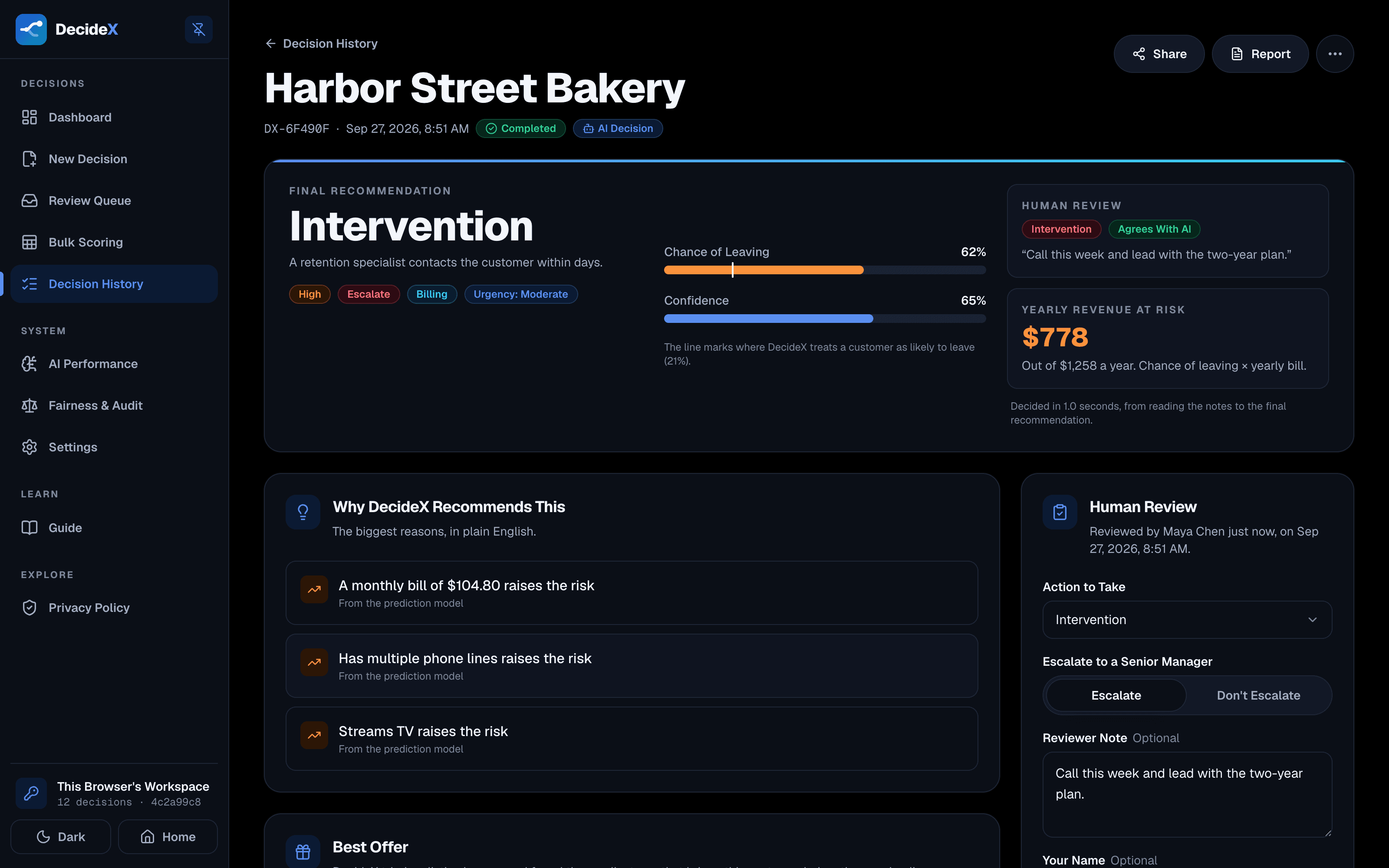 DecideX decision view with the recommended action, chance of leaving, revenue at risk and reasons
