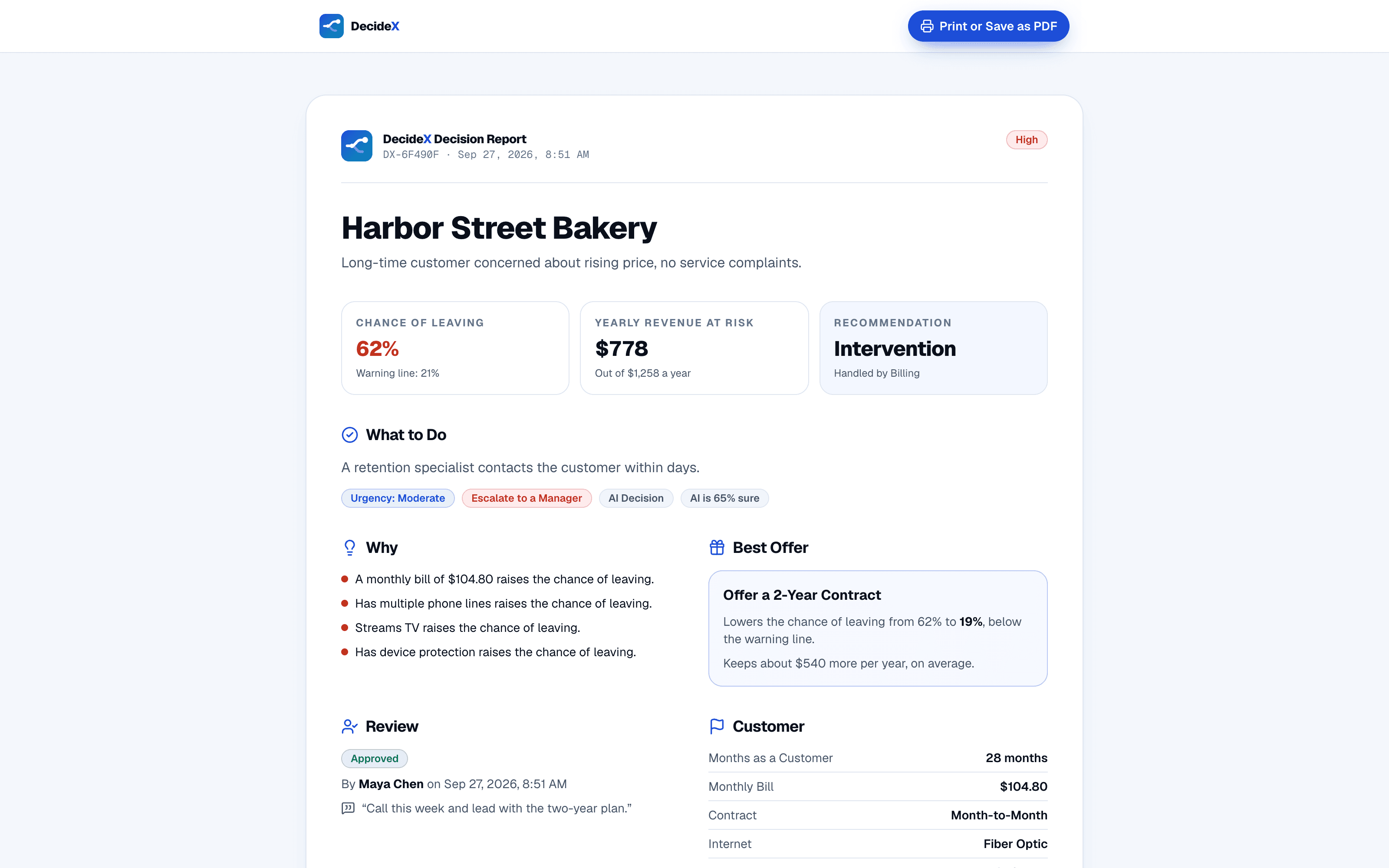 DecideX printable one-page decision report shared through a private link