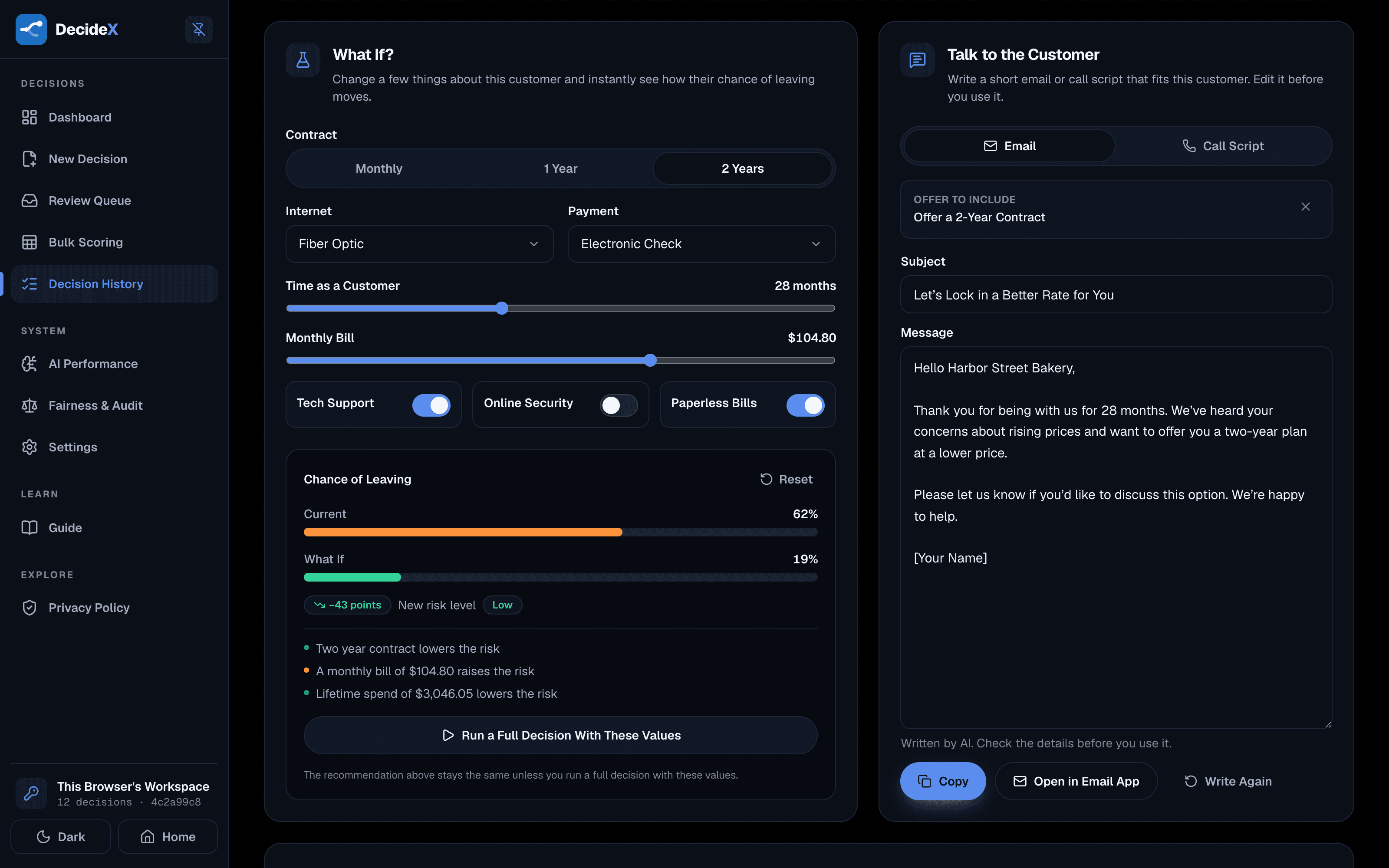 DecideX offer simulation cutting churn risk from 62% to 19%, with an AI-drafted retention email