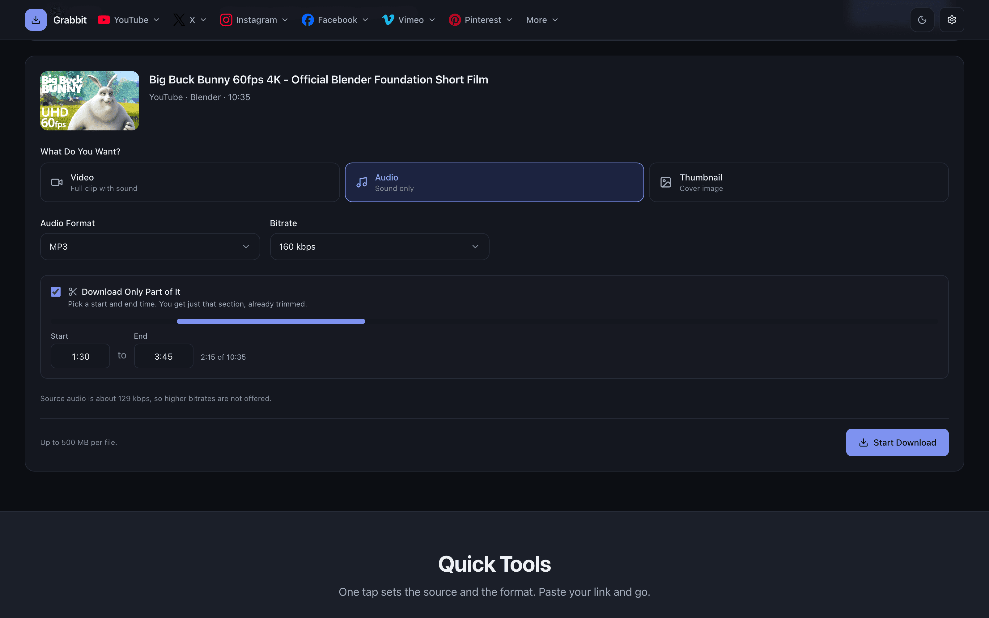 Grabbit trimming an audio download to a 1:30 to 3:45 clip in dark mode