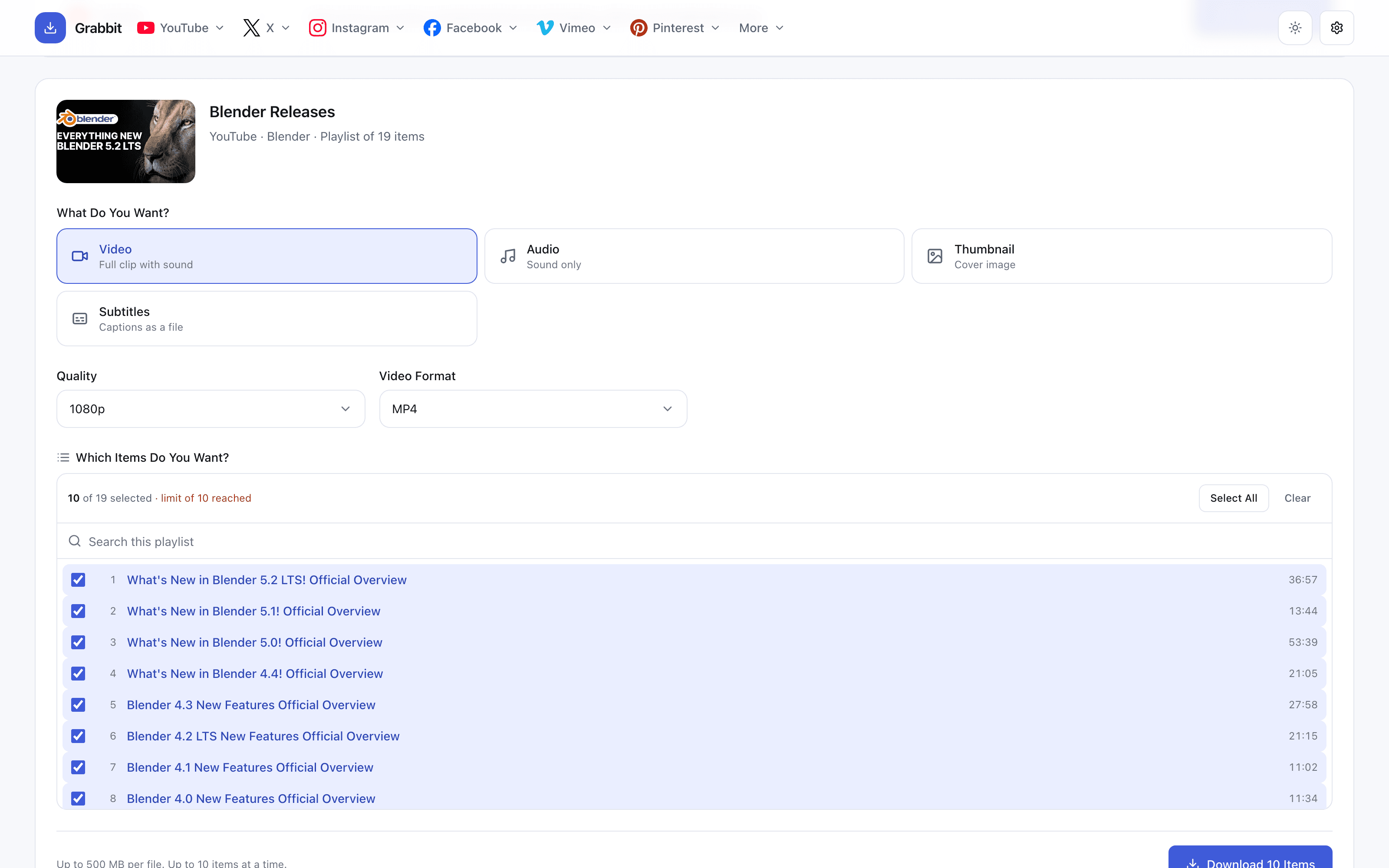 Grabbit playlist picker with 10 of 19 items selected, capped at the limit