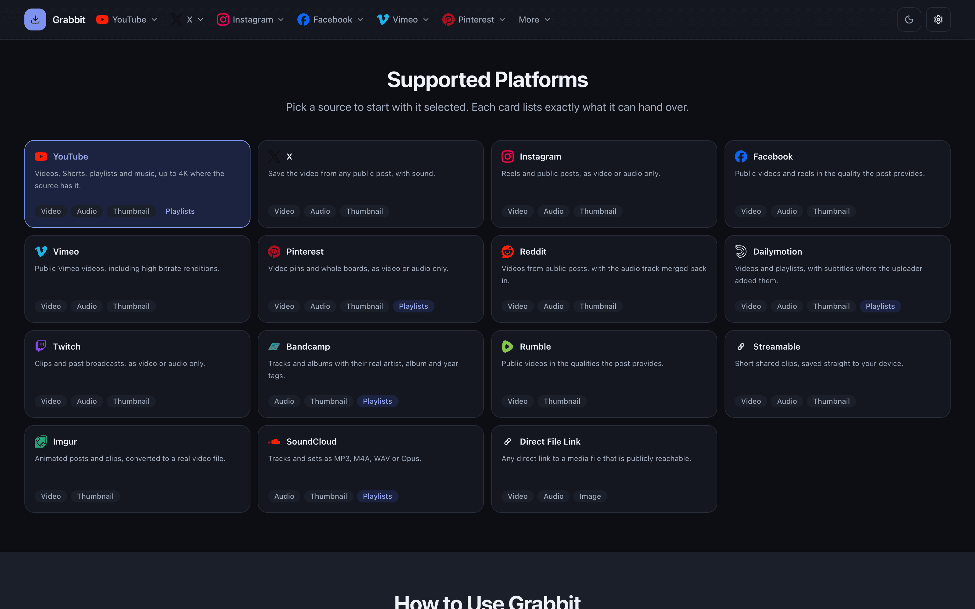 Grabbit list of all 15 supported sources and what each one offers