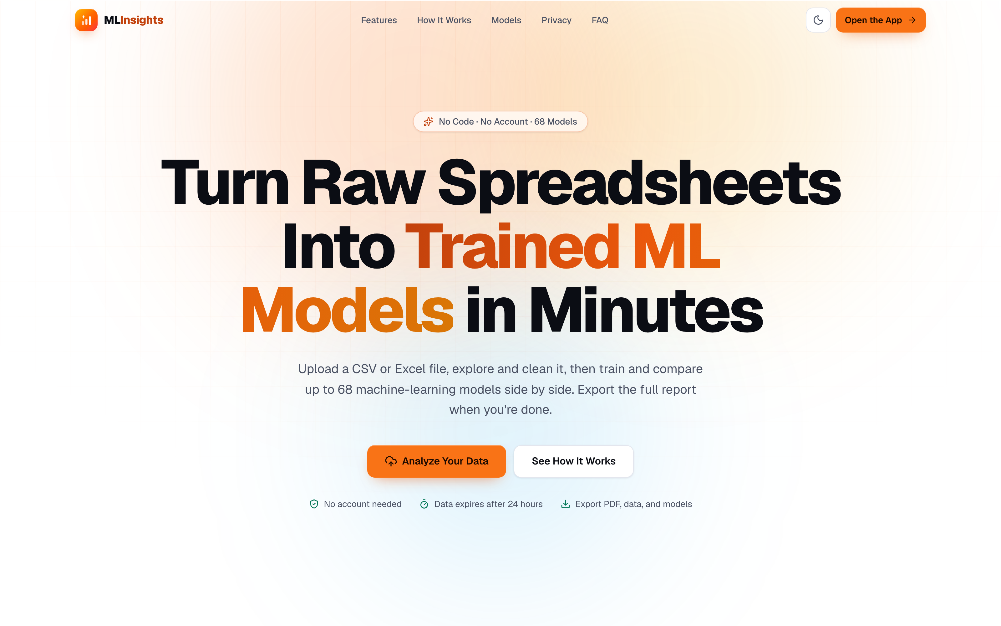 MLInsights landing page: turn raw spreadsheets into trained ML models in minutes