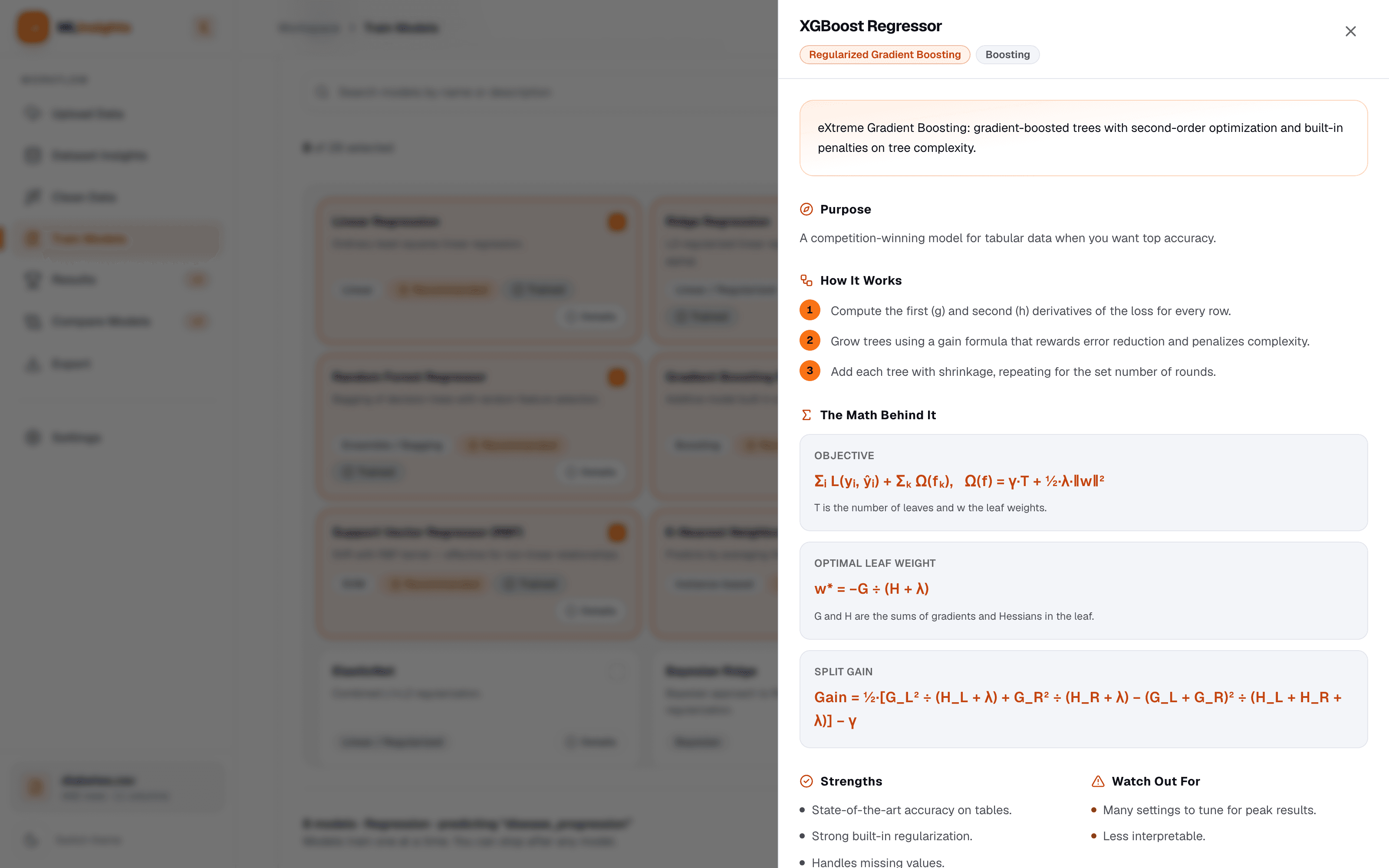 MLInsights XGBoost guide showing the objective and split-gain formulas