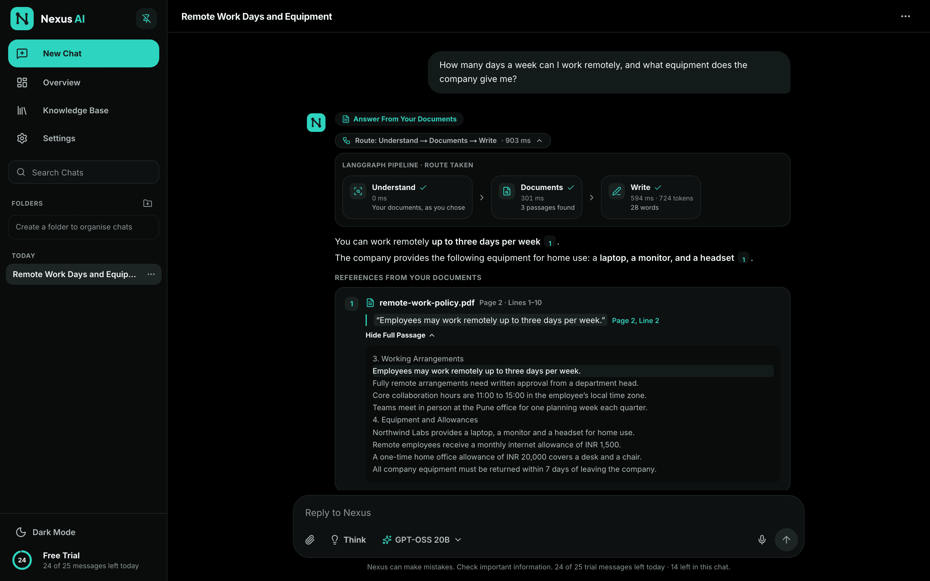 Nexus AI document answer showing the pipeline route and a page and line citation