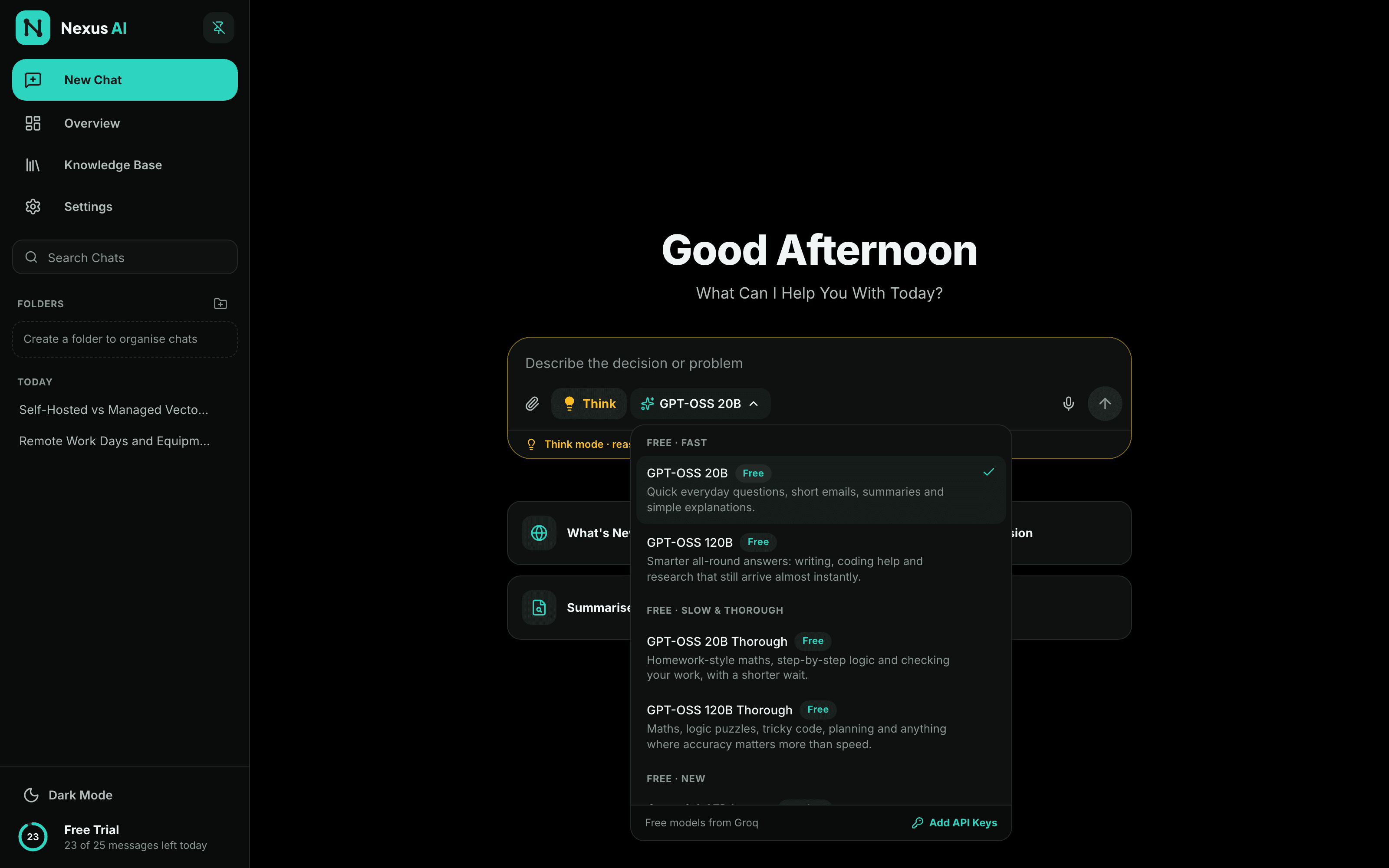 Nexus AI model picker listing free Groq models grouped by speed and thoroughness