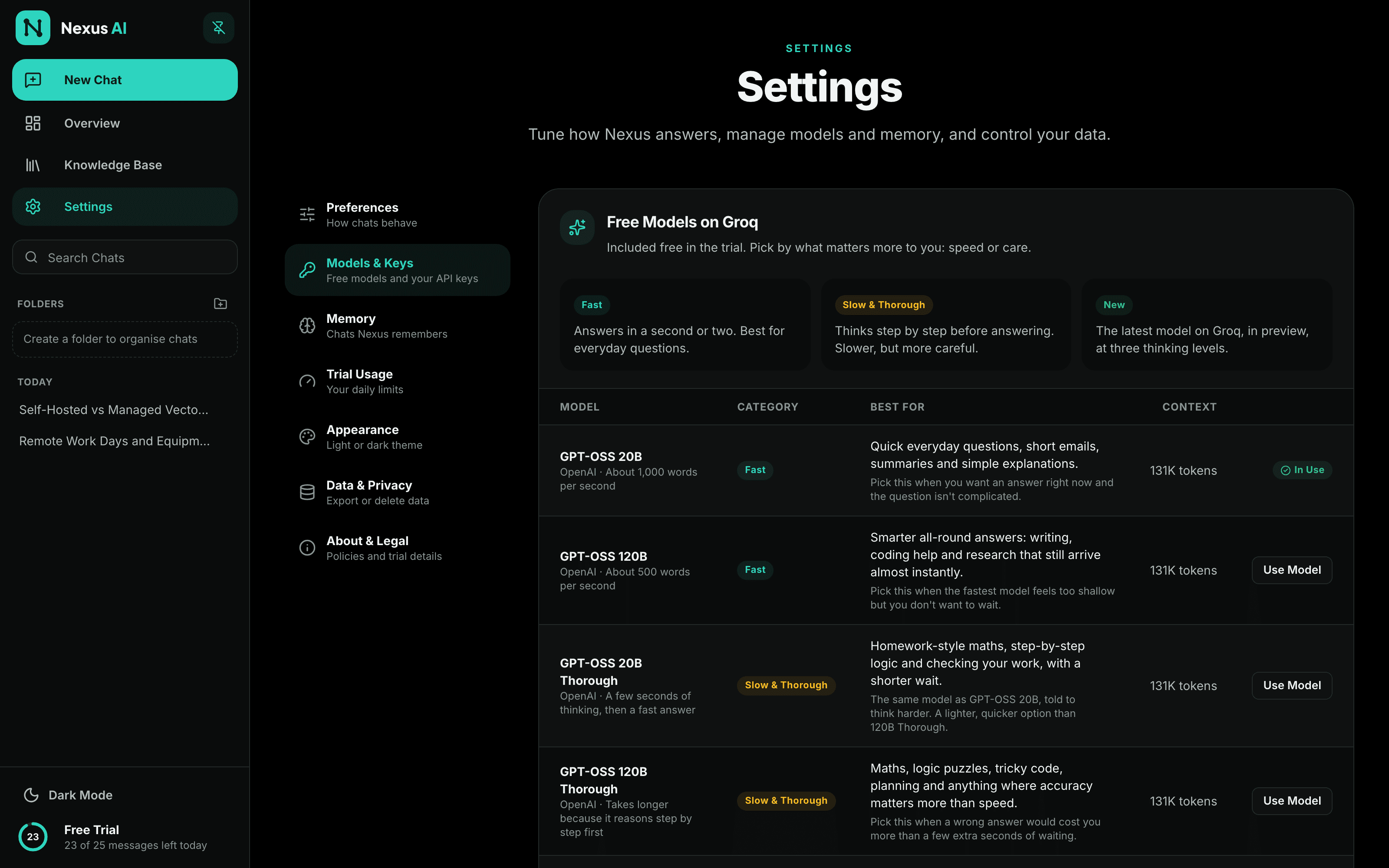 Nexus AI model settings with plain-English guidance for each model