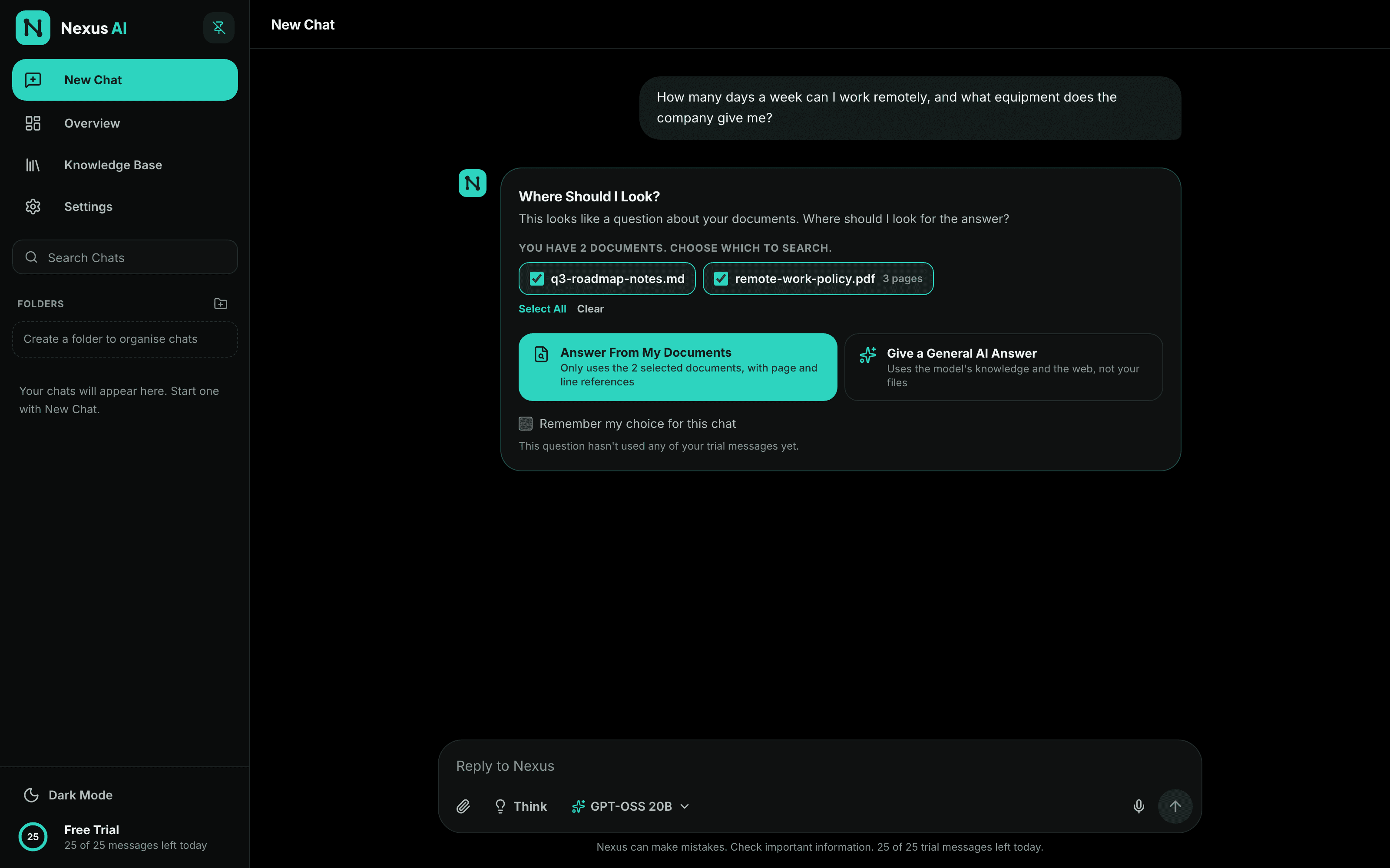 Nexus AI asking whether to answer from uploaded documents or from the model