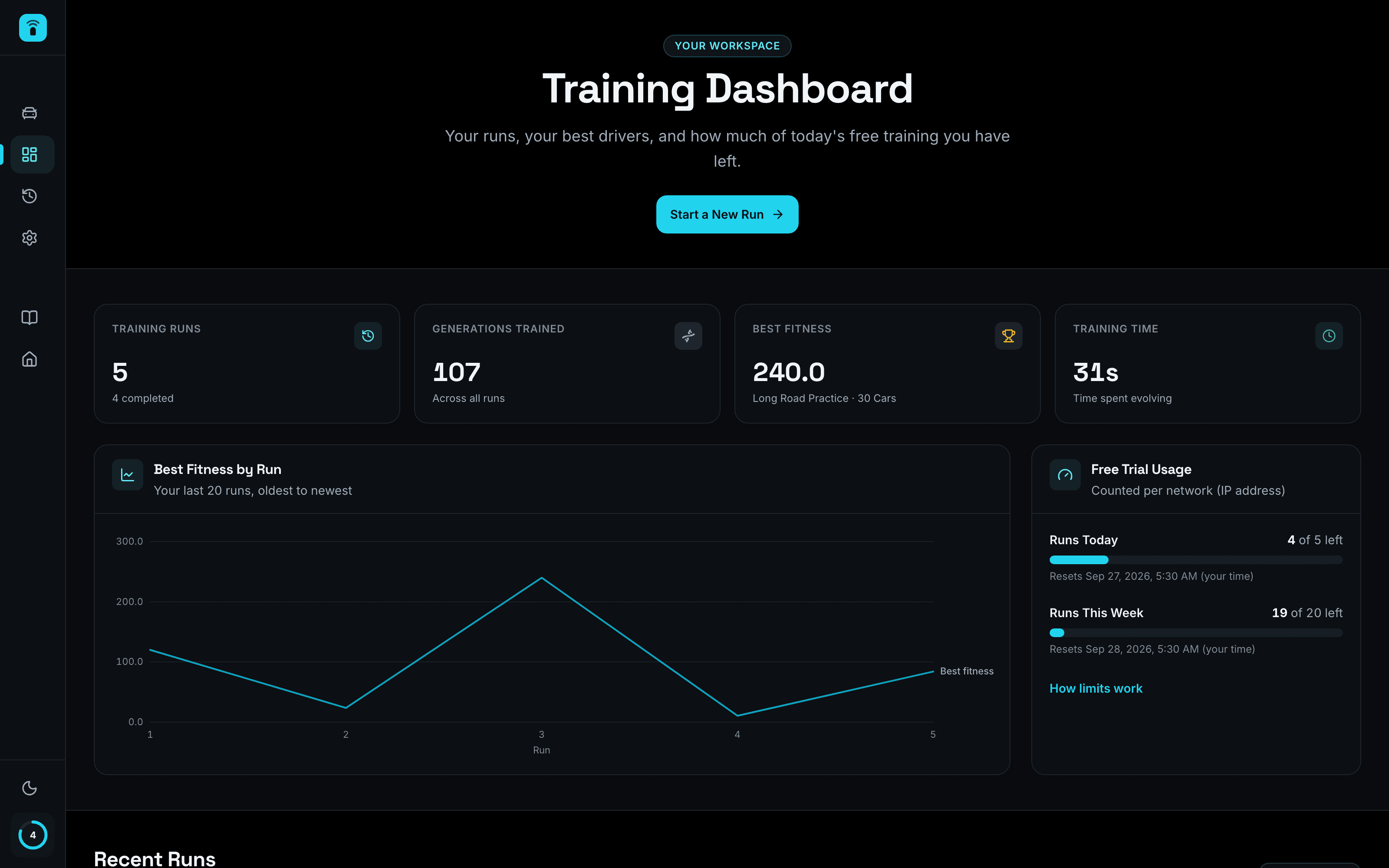 Self-Driven Car dashboard listing training runs and remaining free runs