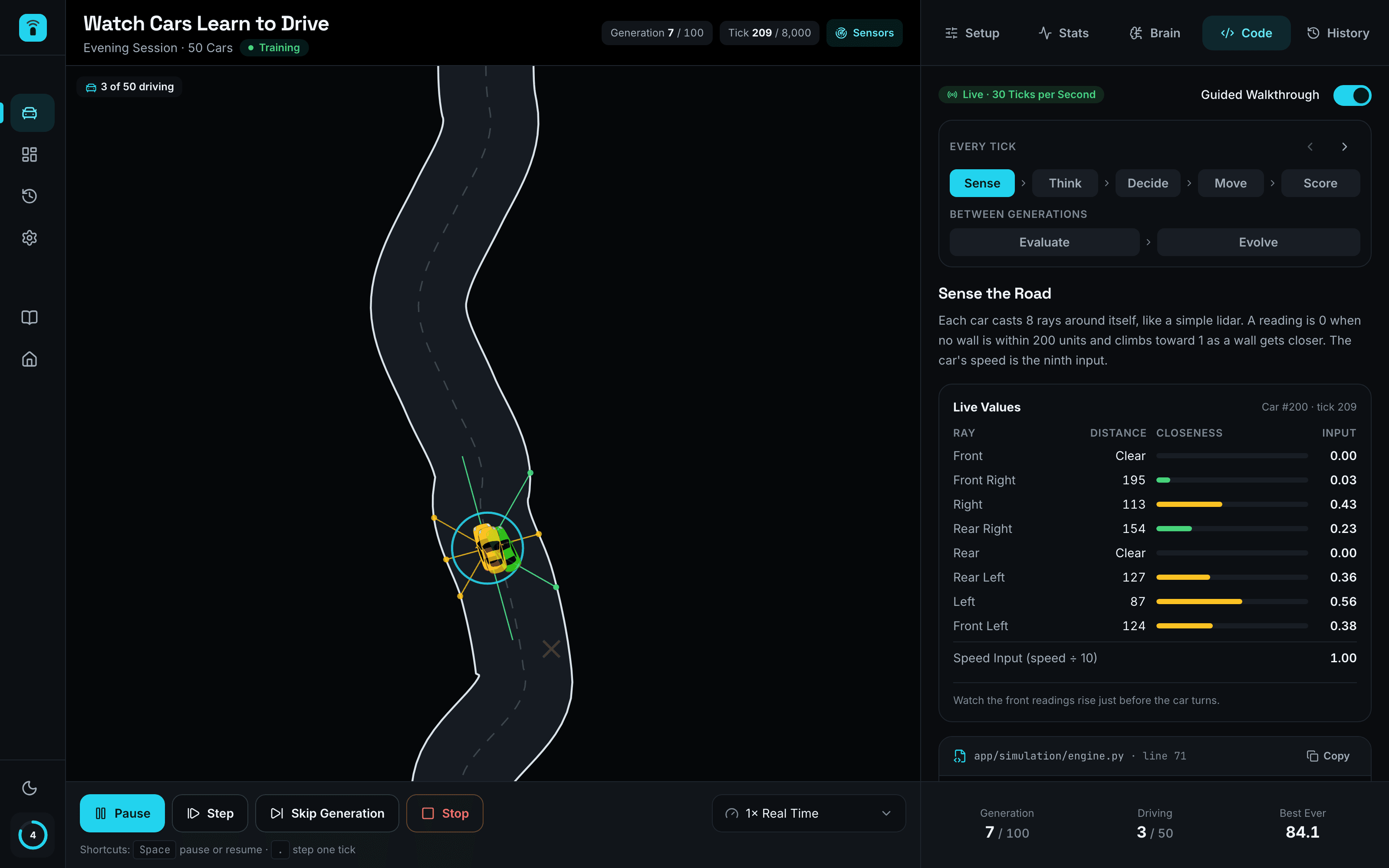Self-Driven Car code view stepping through the real Python source with live values