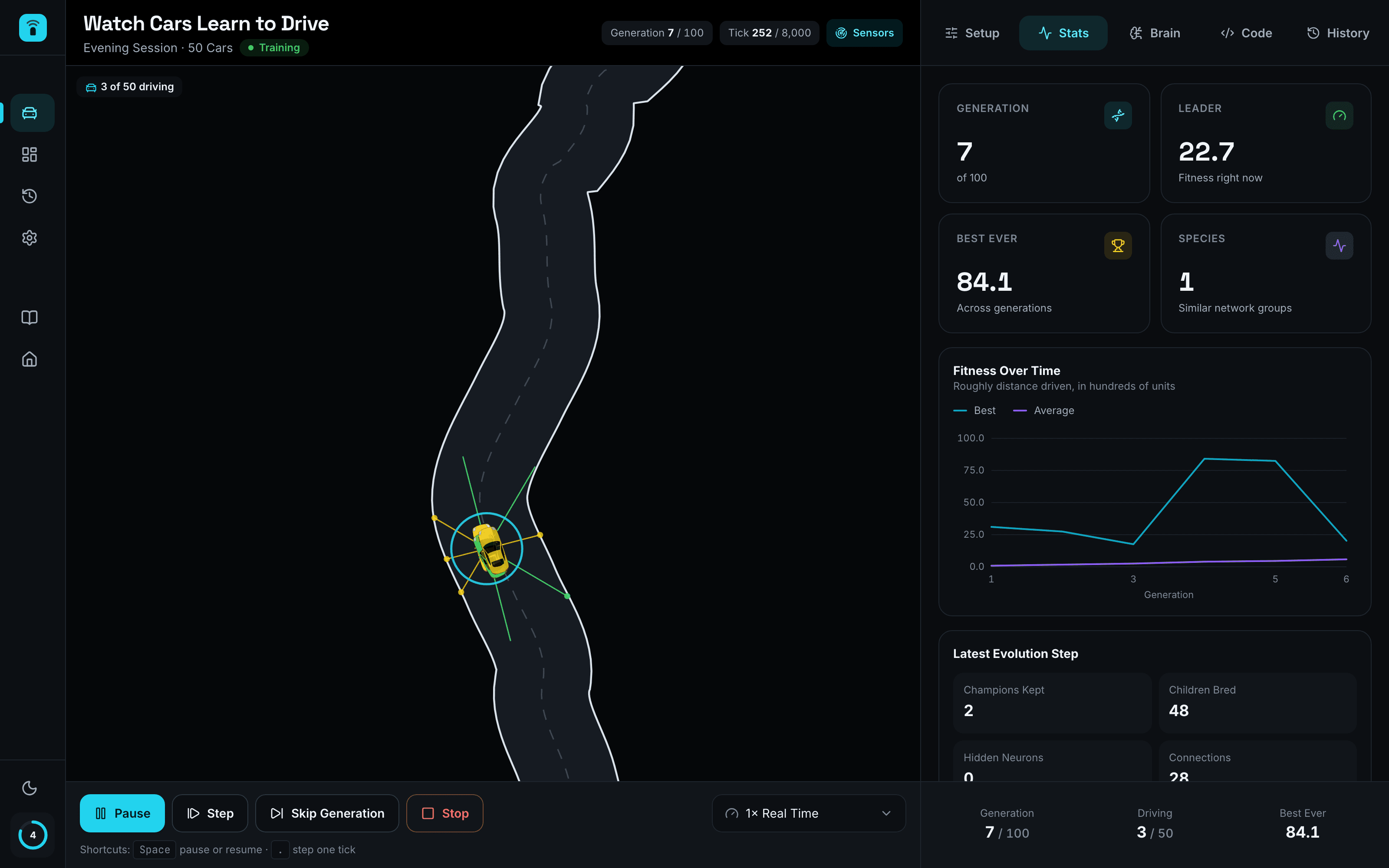 Self-Driven Car stats view with generation, best fitness and a live fitness-over-time chart